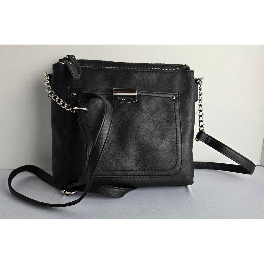Rosetti Black Faux Leather Triple Compartment Crossbody Bag Silver Tone Hardware